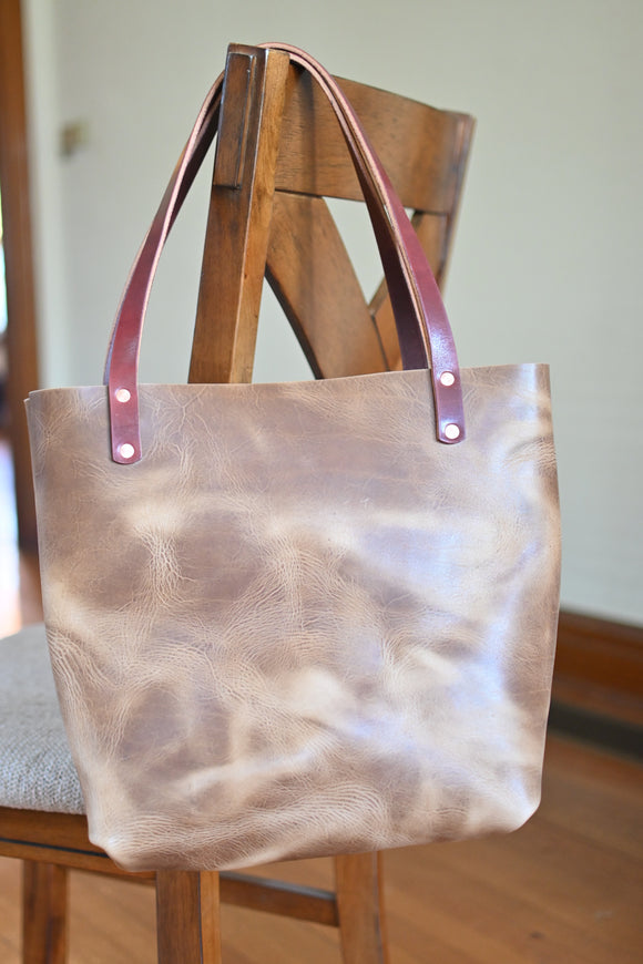 The Meadowsweet Tote - English Tan with Burgundy Handles